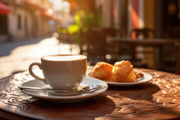 Morning coffee. White cup of coffee on table in outdoors cafe with blurred city street background