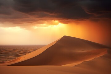 Fototapeta na wymiar Peaceful evening above desert dune amidst approaching sandstorm. Generative AI