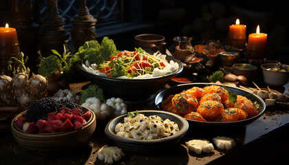 Healthy vegetarian meal with fresh organic vegetables on rustic wood table generated by AI