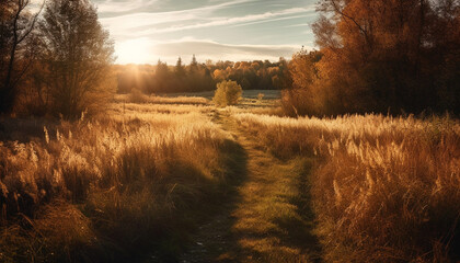 Golden sunlight illuminates tranquil autumn meadow landscape generative AI