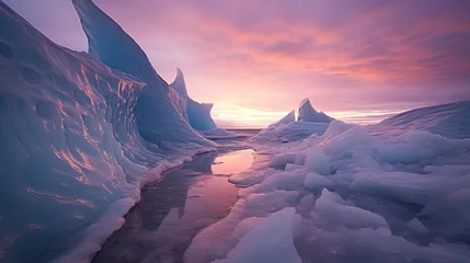 Fotobehang frozen lake with glaciers in autumn-winter with beautiful colorful skies © Case
