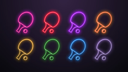 A set of 8 neon glowing LED lamp icons with rackets and a ping pong ball in different colors white, orange, blue, yellow, green, red, purple and pink on a dark background. Logo for sports.