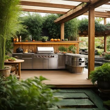 An outdoor kitchen with a grill and a table