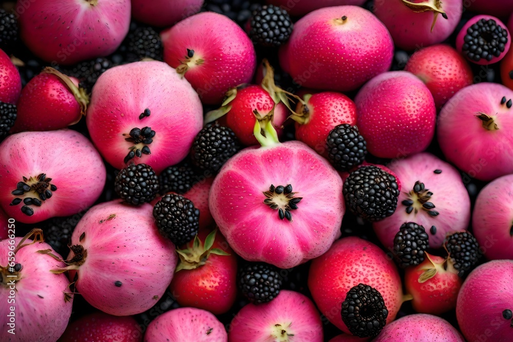 Canvas Prints Pink fruit with black seeds close up.