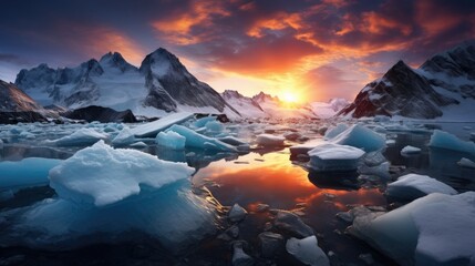 siberian icecaps in autumn-winter with beautiful colorful sunset at dusk featuring snow-covered mountains and cloudy skies