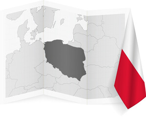 Poland grayscale map and hanging flag.