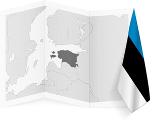 Estonia grayscale map and hanging flag.
