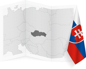 Slovakia grayscale map and hanging flag.