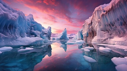 autumn-winter icy lake with glaciers and a colorful sunset - obrazy, fototapety, plakaty