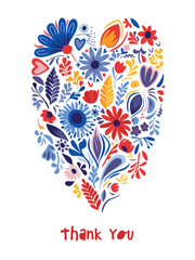 Floral heart card with Thank you message. Mother's day card. Vector illustration