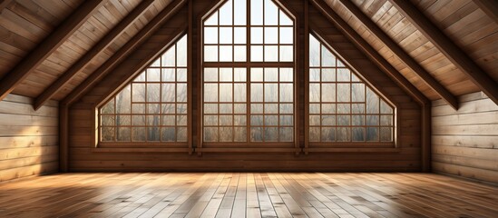 Unoccupied space with a country style wooden roof and ceiling windows rustic cabin - obrazy, fototapety, plakaty