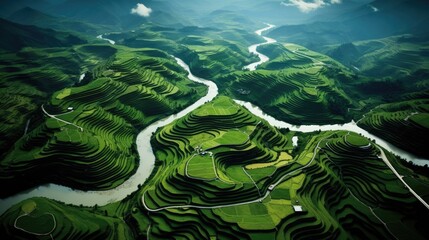 lush green landscape, topographical farmlands with streams and plantations