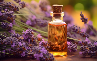 Vial with lavender oil on a natural background