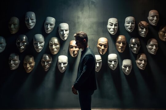 Fake emotion, play a role concept. Character holds masks our face with different emotions. Choice of moods, hiding behind a false mask. Defense and playing to the audience. Psychology.