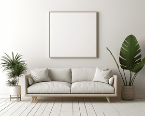 Fototapeta premium Blank frame hanging in living room 