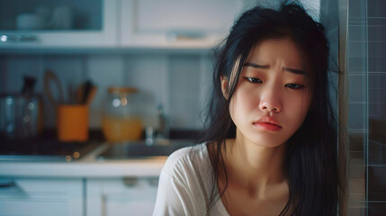 Unhappy overworked Asian girl housewife feels distressed sick and tired of cooking and housework. Upset woman housekeeper tired of household chores. Exhausted lady in the kitchen, fatigue concept.
