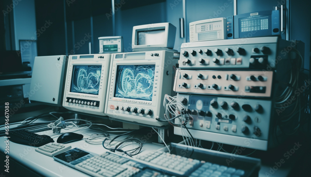 Poster futuristic computer lab with advanced medical equipment generative ai