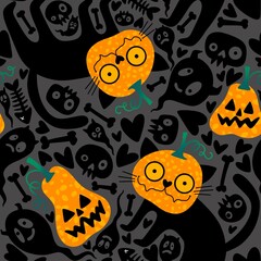 Fototapeta premium Cartoon doodle Halloween seamless cats and pumpkins and skulls and bones pattern for wrapping paper