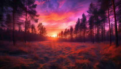 Vibrant sunset silhouettes pine tree against tranquil forest landscape generated by AI