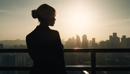 Fototapeta premium Young woman jogging in urban skyline sunset generative AI