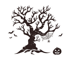Black silhouette of tree with grunge texture. Pumpkin, spider and bats. Vector Halloween illustration. Isolated illustration on white background.