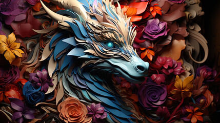 Japanese dragon, in the style of detailed multi-layered compositions, close-up, colorful bright background. ai generative art - obrazy, fototapety, plakaty