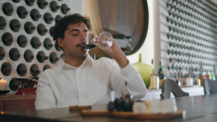 Winery specialist tasting wine sitting restaurant at desk close up. Vineyard 