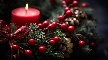 Fototapeta na wymiar Close-Up of Christmas Wreath in Soft Light