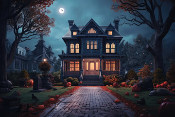 casa de dos plantas en bosque de noche iluminada y decorada con calabazas para halloween, sobre fondo co luna llena - obrazy, fototapety, plakaty