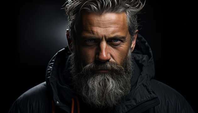 Confident mature man with gray beard and serious gaze generated by AI