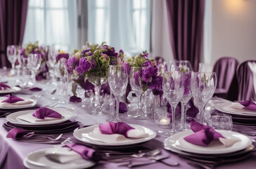 Tables setting with glasses and plates for an event party or wedding reception. Luxury elegant table set in a restaurant