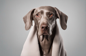 Washed Weimaraner pet dog after showering in a towel on a transparent background