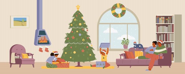 Christmas morning African American family gathering flat vector illustration. Kids opening gifts, parents sitting on the couch. Living room interior with Christmas decorations.