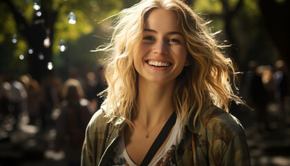 Obraz premium Beautiful young woman with long blond hair smiling at camera generated by AI
