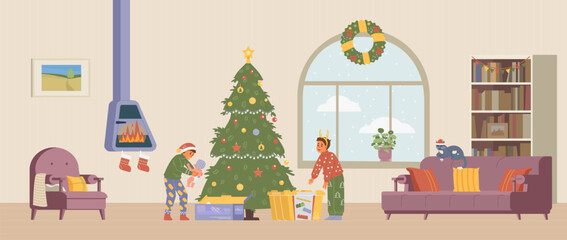 Christmas morning happy kids opening gifts near Christmas tree flat vector illustration. Living room interior with Christmas decorations.