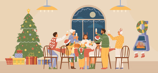 Family Christmas party at home flat vector illustration. People in Christmas outfit at dinner table with glasses of champagne laughing and making a toast.