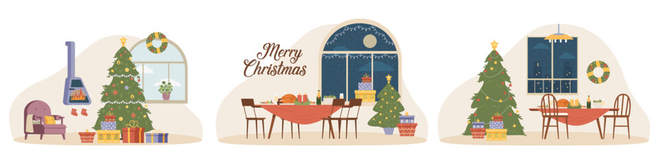 Christmas interiors with no people flat vector illustrations set. Cozy home interiors with Christmas decorations.