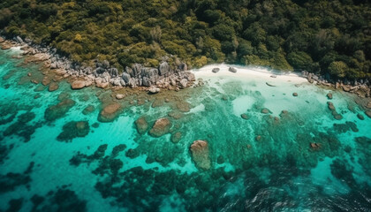 Transparent turquoise water surrounds idyllic tropical coastline, viewed from drone generated by AI