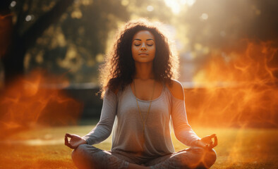 joven sentada en posición del loto haciendo meditación , sobre fondo desenfocado de puesta de sol en bosque - obrazy, fototapety, plakaty