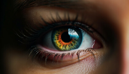 Obraz premium Close up of young woman blue eye with green iris and eyelash generated by AI
