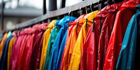 Colorful line of rain jackets , concept of Patterned waterproof apparel - obrazy, fototapety, plakaty