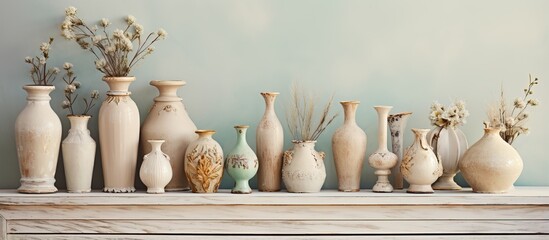 Fototapeta na wymiar Vintage display featuring delicate antique pottery trophy vases with a shabby chic aesthetic