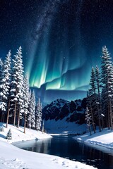 snowy landscape with northern lights