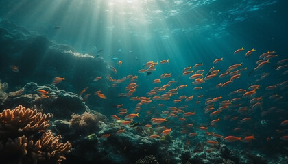 the sea, a vibrant school of fish swims generated by AI