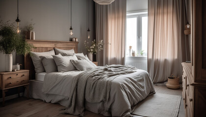 Modern luxury bedroom with elegant decor and cozy bedding for relaxation generated by AI