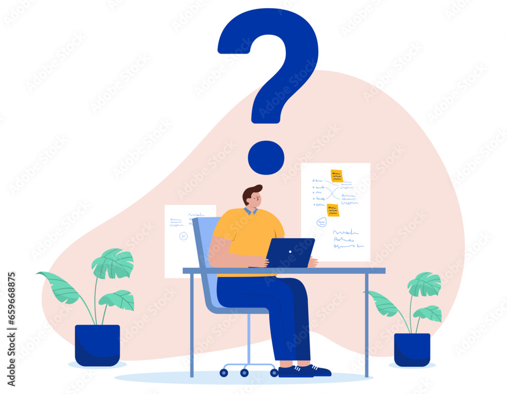 Poster Man with question - Person sitting at desk with computer alone with big question mark above head. Flat design vector illustration with white background