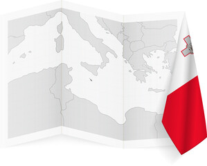 Malta grayscale map and hanging flag.