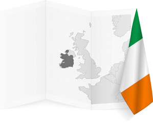Ireland grayscale map and hanging flag.