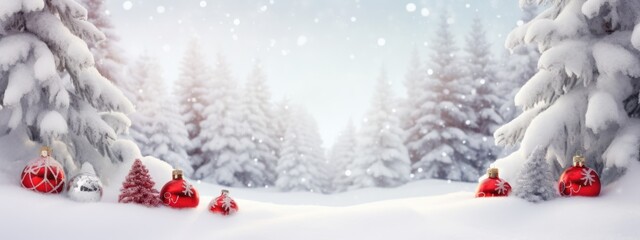 Festive Christmas snowy background, with red balls and snowfall outdoors. Space for custom text ideas, banner and greeting card. Generative Ai