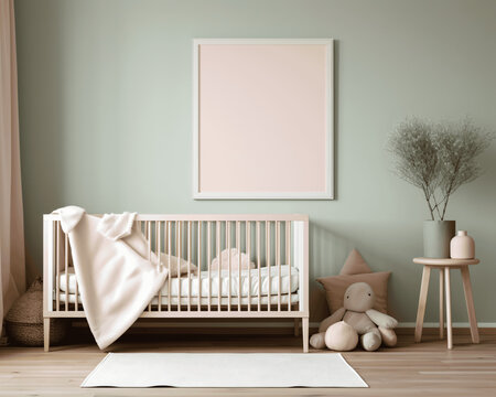 Blank white picture frame in baby's room
